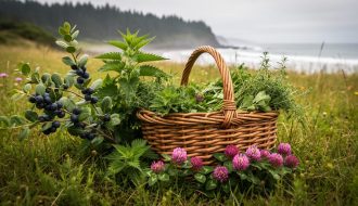 “Wild herbs such as Oregon grape, wild nettle, and red clover growing in an Oregon meadow next to a woven basket for sustainable wildcrafting.”