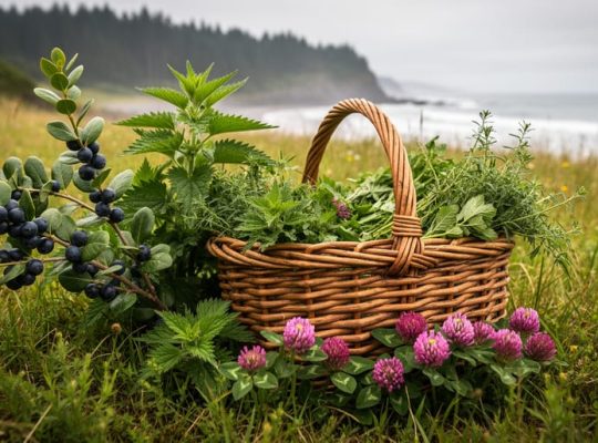 “Wild herbs such as Oregon grape, wild nettle, and red clover growing in an Oregon meadow next to a woven basket for sustainable wildcrafting.”