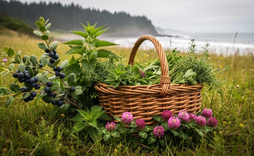 “Wild herbs such as Oregon grape, wild nettle, and red clover growing in an Oregon meadow next to a woven basket for sustainable wildcrafting.”