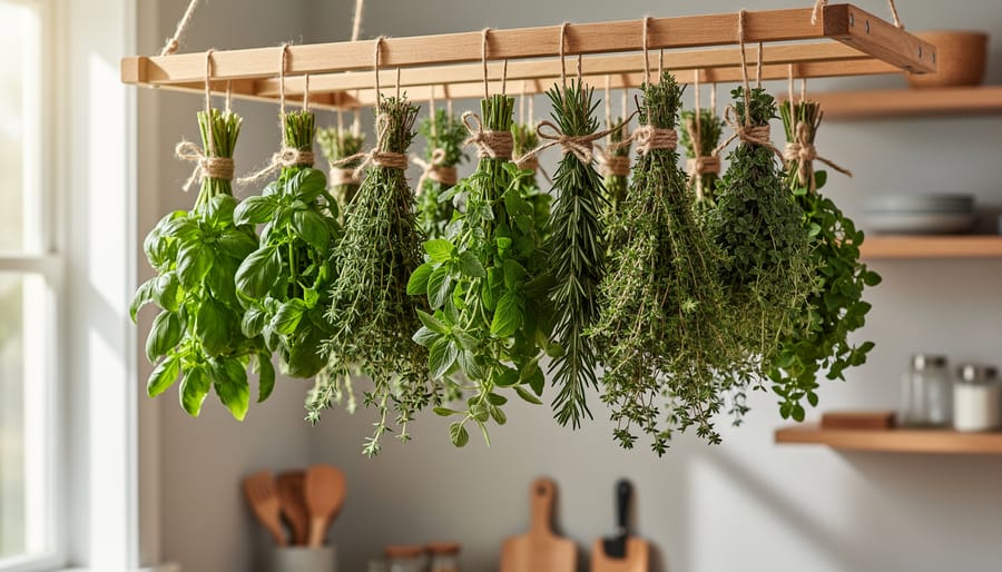 Bundled Oregon wild herbs hanging to dry in a well-ventilated rustic space.