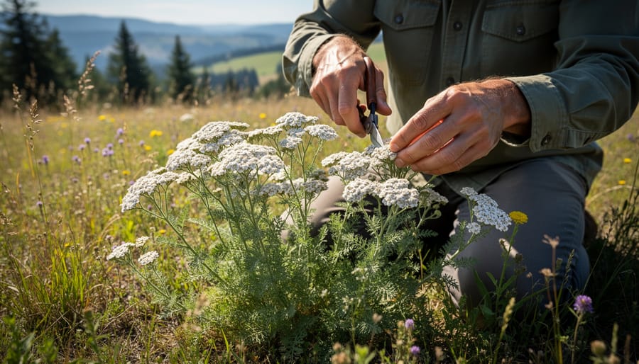 Wild yarrow being harvested in an Oregon meadow with a basket and native grasses in the background.