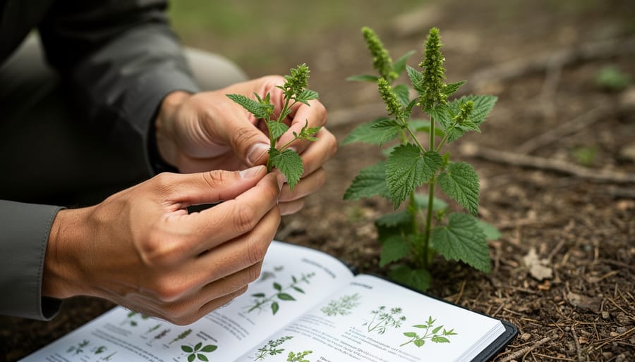 Hands carefully inspecting wild plants for identification in a shaded Oregon forest setting.