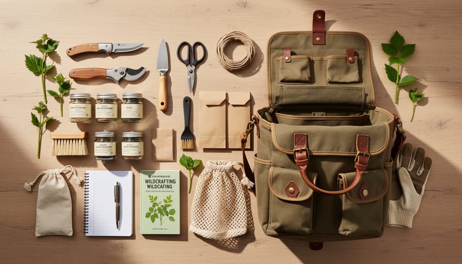 Wildcrafting tools laid out on a mossy forest floor, including pruners, knife, bags, and a field notebook.