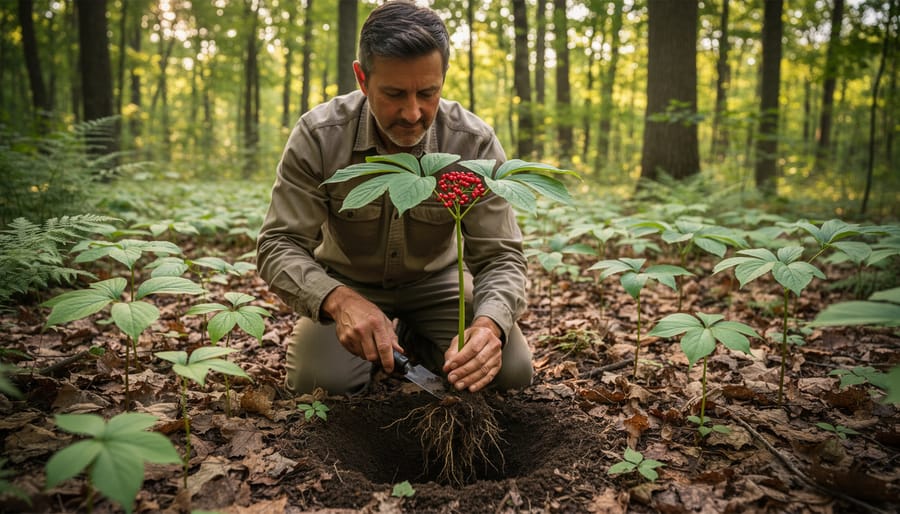 Forager kneeling in a forest lifting a mature wild ginseng plant from leaf litter with a basket nearby
