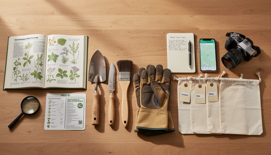 Hand digging tool, field guide, and ventilated basket set on the ground in a forest clearing