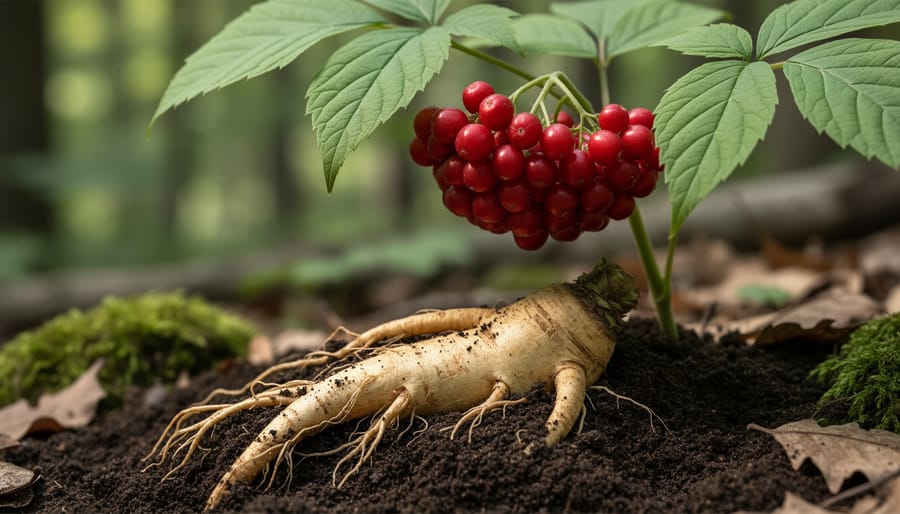 Close-up of harvested wild ginseng root and red berries on a wooden surface
