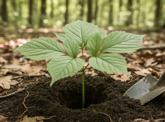 Close-up of a mature wild American ginseng plant with three or more prongs growing in a forest, next to disturbed dark soil and a hand trowel edge.