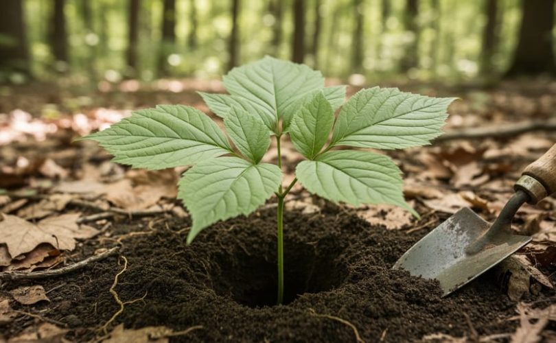 Close-up of a mature wild American ginseng plant with three or more prongs growing in a forest, next to disturbed dark soil and a hand trowel edge.